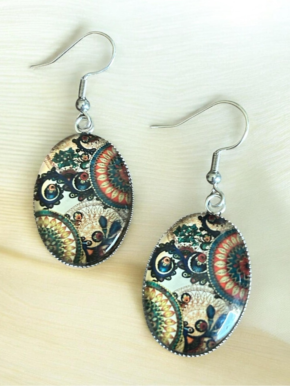 Glass Cabochon Dome Earrings, Vintage Boho Mandala Floral Oval Teardrop Earrings